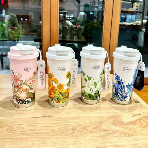 Portable Stainless Steel Vacuum Insulated Tumbler Coffee Cup With Straw And Direct Drinking Lid Floral Pattern Travel Mug