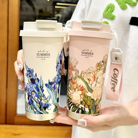 Portable Stainless Steel Vacuum Insulated Tumbler Coffee Cup With Straw And Direct Drinking Lid Floral Pattern Travel Mug