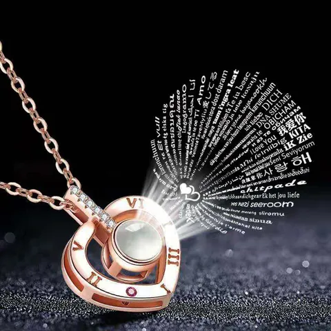 Heart Shape 100 Languages I Love You Projection Necklace Copper Zirconia Loving Memory Clavicle Chain Valentine Gift For Women