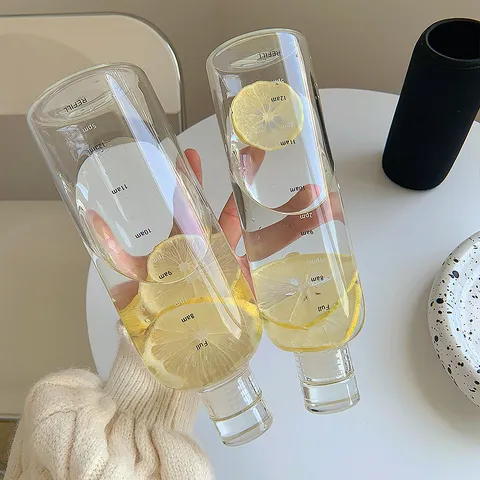 Minimaliste Bouteille d'Eau en Verre Borosilicate Avec Marqueur de Temps Résistant à la Chaleur Clair Gobelet Avec Couvercle Voyage Bureau Cadeau