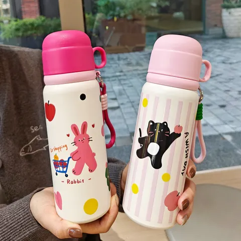 Edelstahl Cartoon Thermoskanne Für Kinder Tragbare Isolierte Wasserflasche Mit Seil Niedliche Tierdruck Student Thermobecher