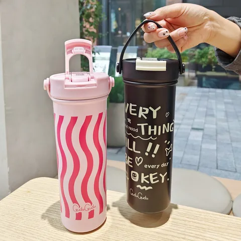 Modern Minimalistisch 316 Edelstahl Thermoskanne Tragbar Reise Kaffeebecher Mit Griff Strohhalm Doppelter Trinkdeckel Becher Für Büro Außenbereich Damen Paare Student