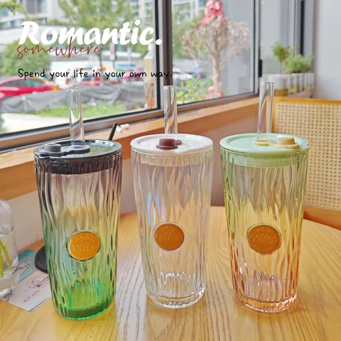 Farbverlauf Natron-Kalk-Glas Kaffeetasse Mit Deckel Und Strohhalm Geripptes Design Trinkglas Tumbler Für Zuhause Büro Geschenk