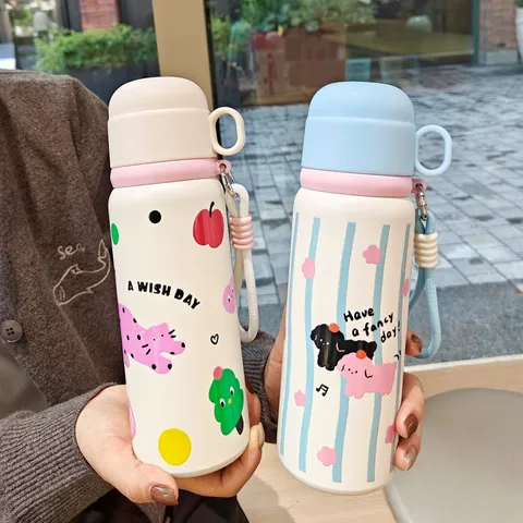 Edelstahl Cartoon Thermoskanne Für Kinder Tragbare Isolierte Wasserflasche Mit Seil Niedliche Tierdruck Student Thermobecher