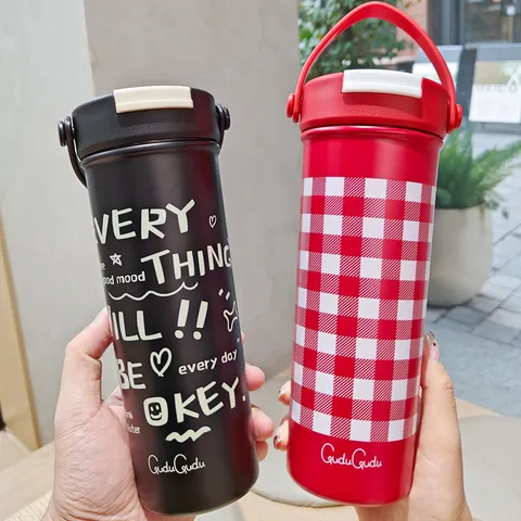 Modern Minimalistisch 316 Edelstahl Thermoskanne Tragbar Reise Kaffeebecher Mit Griff Strohhalm Doppelter Trinkdeckel Becher Für Büro Außenbereich Damen Paare Student