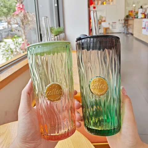 Farbverlauf Natron-Kalk-Glas Kaffeetasse Mit Deckel Und Strohhalm Geripptes Design Trinkglas Tumbler Für Zuhause Büro Geschenk
