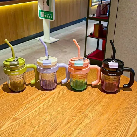 Modern Minimalist PC Plastic Straw Tumbler Gradient Striped Dual Drinking Water Bottle With Tea Filter Handle For Office Students