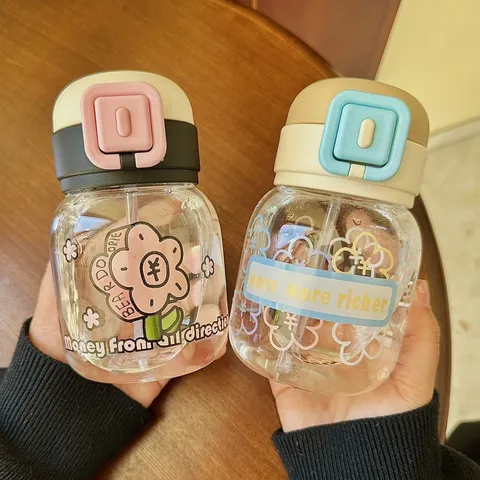 Cute Floral Pattern Glass Water Cup With Straw Heat Resistant Glass Tumbler Leakproof Flip Top Lid Portable Drinking Bottle For Women