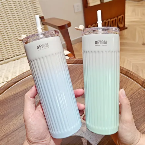 Gradient Striped Stainless Steel Vacuum Insulated Coffee Mug Portable Car Travel Tumbler Cup With Straw For Office Home Women Men