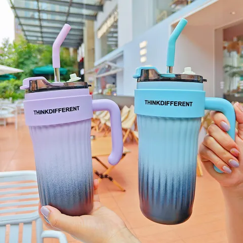 Vaso Térmico Degradado de Acero Inoxidable Minimalista Con Asa Y Pajita Botella de Viaje de Vacío Gran Capacidad