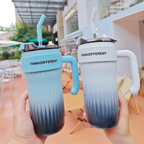 Vaso Térmico Degradado de Acero Inoxidable Minimalista Con Asa Y Pajita Botella de Viaje de Vacío Gran Capacidad