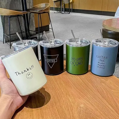 Minimalist Stainless Steel Insulated Coffee Mug With Straw Leakproof Portable Thermal Vacuum Cup Car Travel Bottle For Cold Hot Drinks Men Women Universal Gift