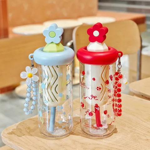 Süße Kunststoff Wasserflasche Mit Blumen Design Und Strohhalm Große Kapazität Tragbarer PC Sportbecher Für Mädchen Hochwertiger Teebecher