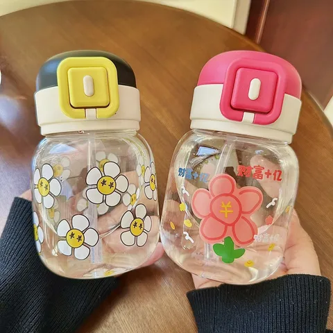 Cute Floral Pattern Glass Water Cup With Straw Heat Resistant Glass Tumbler Leakproof Flip Top Lid Portable Drinking Bottle For Women