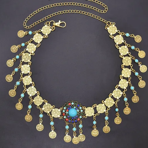 Bohemian Ethnic Belly Dance Coin Tassel Waist Chain For Women Turquoise Inlaid Vintage Gold Alloy Body Chain Jewelry
