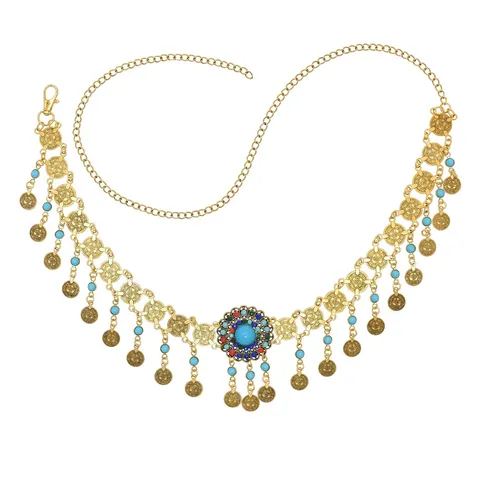 Bohemian Ethnic Belly Dance Coin Tassel Waist Chain For Women Turquoise Inlaid Vintage Gold Alloy Body Chain Jewelry