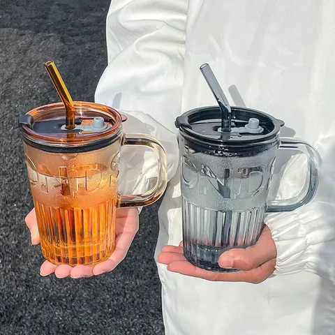 Nordisch Minimalistisch Kristallglas Becher Mit Griff Strohhalm Deckel Prägebuchstaben Gerippter Kaffeebecher Auslaufsicher Büro Zuhause Wasserbecher