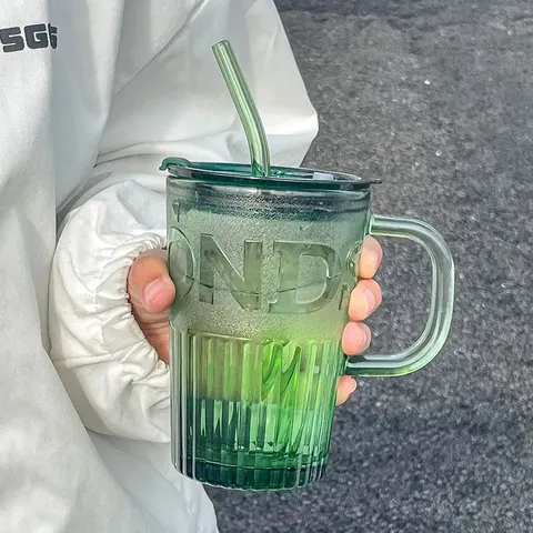Nordisch Minimalistisch Kristallglas Becher Mit Griff Strohhalm Deckel Prägebuchstaben Gerippter Kaffeebecher Auslaufsicher Büro Zuhause Wasserbecher
