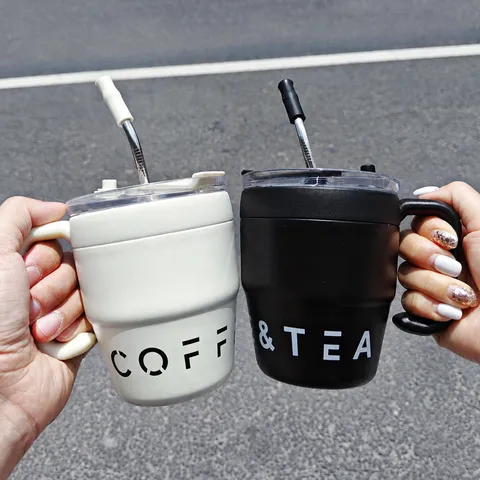 Modern Stainless Steel Insulated Tumbler With Handle Straw Leak Proof Coffee Mug Portable Travel Thermal Cup For Couples Office Home