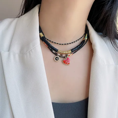 Mehrlagige Perlen Herz Anhänger Halskette Legierung Krone Charm Kette Schwarz Glas Samenperlen Choker Für Damen Modeschmuck Geschenk