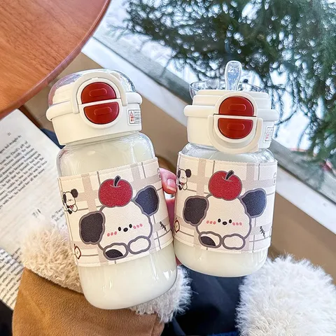Süßer Cartoon Tier Glasbecher Mit Strohhalm Lederhülle Doppeltrinköffnung Tragbare Thermische Wasserflasche Becher Für Kinder Studenten