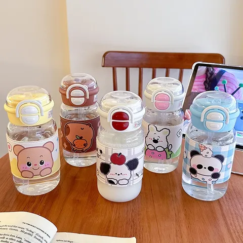 Süßer Cartoon Tier Glasbecher Mit Strohhalm Lederhülle Doppeltrinköffnung Tragbare Thermische Wasserflasche Becher Für Kinder Studenten