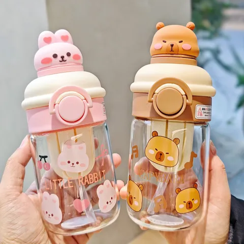 Jolie Bouteille d'Eau en Verre Résistant à la Chaleur Avec Paille et Infuseur à Thé Gobelet Portable Étanche pour Enfants Étudiants Maison