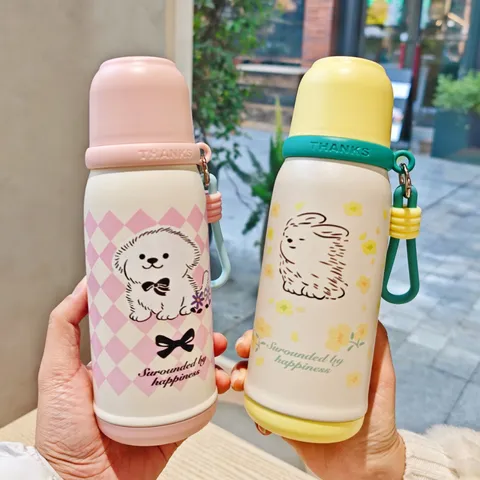 Cartoon Edelstahl Vakuumisoliert Wasserflasche Mit Strohhalm Und Trageseil 500ml Tragbare Student Thermoskanne
