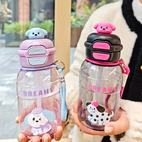 Cartoon Hund Puppe Kunststoff Wasserflasche Mit Strohhalm Doppelter Trinkdeckel Tragbarer Handbecher Für Studenten Outdoor Sport Geschenk