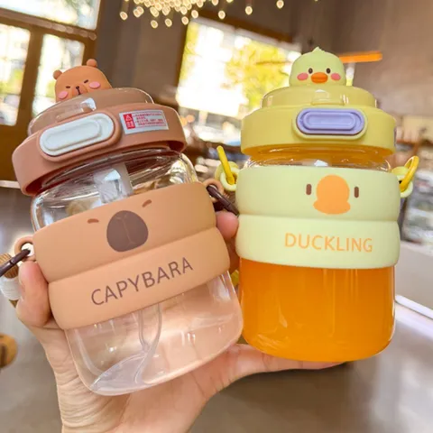 Cute Cartoon Animal Glass Water Bottle With Straw Silicone Protective Sleeve Leak-Proof Heat-Resistant Cylindrical Drinkware For Students Everyday