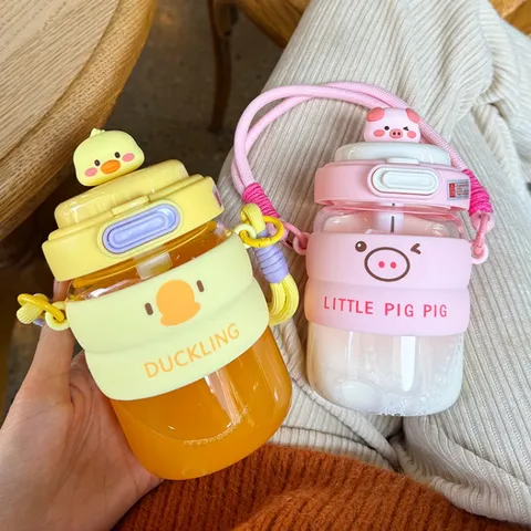 Cute Cartoon Animal Glass Water Bottle With Straw Silicone Protective Sleeve Leak-Proof Heat-Resistant Cylindrical Drinkware For Students Everyday