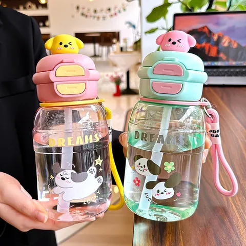 Cartoon Hund Puppe Kunststoff Wasserflasche Mit Strohhalm Doppelter Trinkdeckel Tragbarer Handbecher Für Studenten Outdoor Sport Geschenk