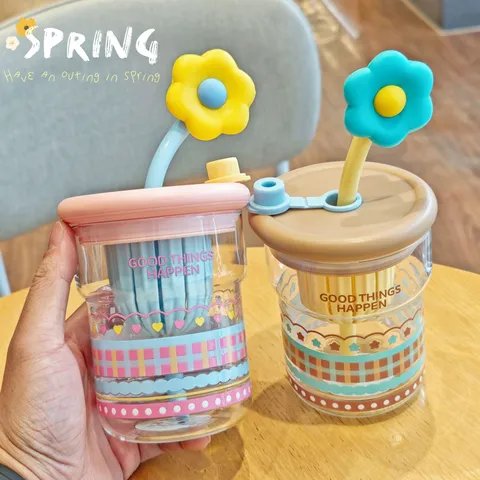 Pastoral Borosilikatglas Wasserbecher Hitzebeständig Blumenmuster Tee-Ei Tumbler Mit Deckel Strohhalm Für Büro Zuhause Geschenk
