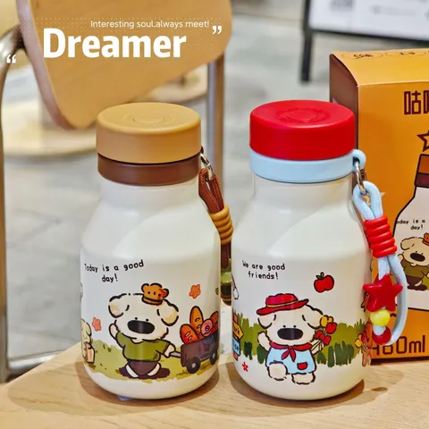Termo de Acero Inoxidable al Vacío Lindo Perro de Dibujos Animados Botella Portátil Taza Pequeña a Prueba de Fugas Botella de Agua Aislada para Mujeres Escuela Oficina Hogar