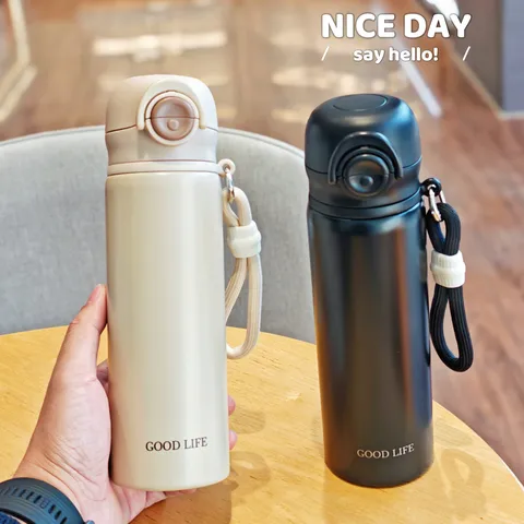 Edelstahl Thermosflasche Isolierte Wasserflasche Mit Strohhalm Trageseil Klappdeckel Tragbarer Thermobecher Für Studenten Schule Büro Reise