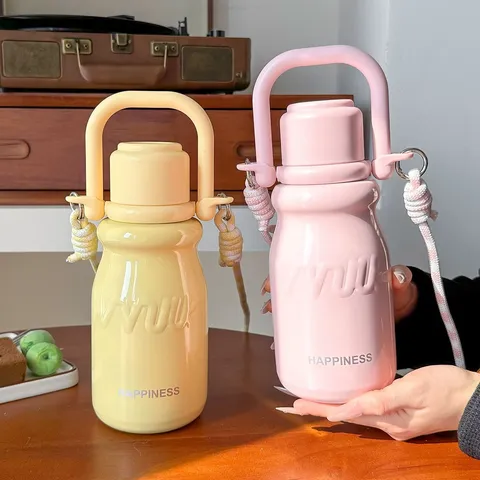 Edelstahl Vakuum Isoliert Flasche Milchflaschenform Mit Strohhalm Und Griff Tragbar Retro Wasserbecher Für Damen Outdoor
