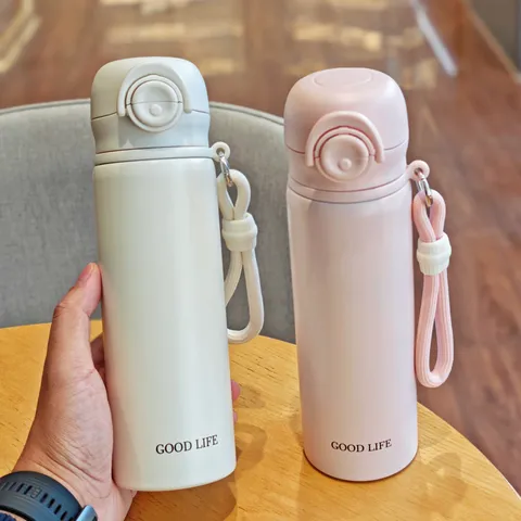 Edelstahl Thermosflasche Isolierte Wasserflasche Mit Strohhalm Trageseil Klappdeckel Tragbarer Thermobecher Für Studenten Schule Büro Reise