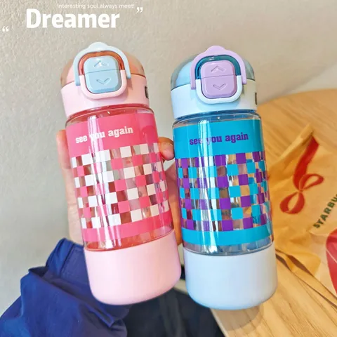 Light Luxury Portable Plastic Water Bottle With Straw High Appearance Level Leakproof Sports Tumbler Plaid Letter Print Water Cup For Students Travel Outdoor Unisex Gift Cup