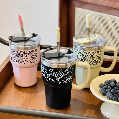 316 Edelstahl Thermosbecher Mit Griff Und Strohhalm Tragbar 600ml Vakuum Kaffeetasse Minimalistisches Gekritzel Muster Becher Für Büro