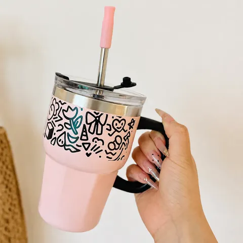 316 Stainless Steel Insulated Mug With Handle And Straw Portable 600ml Vacuum Coffee Cup Minimalist Doodle Pattern Tumbler For Home Office