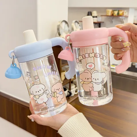 Süßer Cartoon Plastikbecher Mit Strohhalm Große Kapazität Studenten Wasserflasche Hoher Ästhetischer Wert Handheld Trinkbecher Für Mädchen