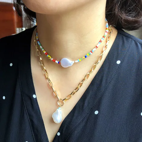 Collana a Strati Fatta a Mano Francese Con Perline Colorate per Donna Catena in Metallo Lega Dorata Ciondolo Perla Artificiale Barocca