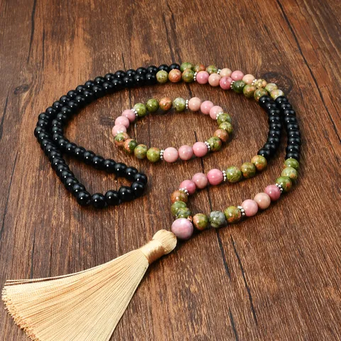 Natural Black Stone Unakite Mala Beads Necklace Bracelet Set Long Layered Tassel Pendant Yoga Meditation Jewelry For Women