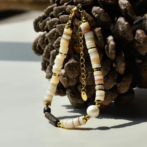 Minimalist Stainless Steel Natural Tiger Eye Stone Shell Freshwater Pearl Beaded Bracelet For Women Geometric Hand Jewelry Gift