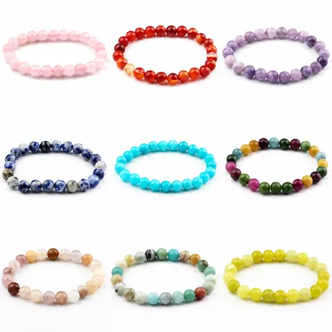 Minimalist Natural Stone Crystal Beaded Bracelet For Women Men 8mm Round Beads Amethyst Agate Stretch Strand Bracelet Travel Jewelry Gift