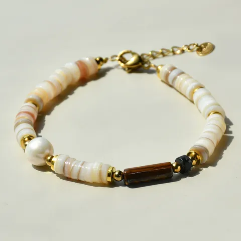 Minimalist Stainless Steel Natural Tiger Eye Stone Shell Freshwater Pearl Beaded Bracelet For Women Geometric Hand Jewelry Gift