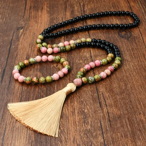 Natural Black Stone Unakite Mala Beads Necklace Bracelet Set Long Layered Tassel Pendant Yoga Meditation Jewelry For Women