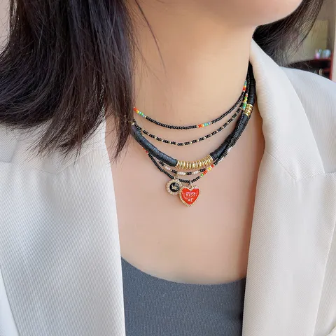 Mehrlagige Perlen Herz Anhänger Halskette Legierung Krone Charm Kette Schwarz Glas Samenperlen Choker Für Damen Modeschmuck Geschenk