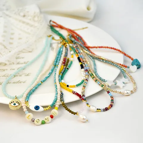 Korean Style Colorful Artificial Crystal Beads Choker Necklace Handmade Artificial Pearl Alloy Pendant Clasp Star Moon Lock Bone Chain Jewelry Gift For Women