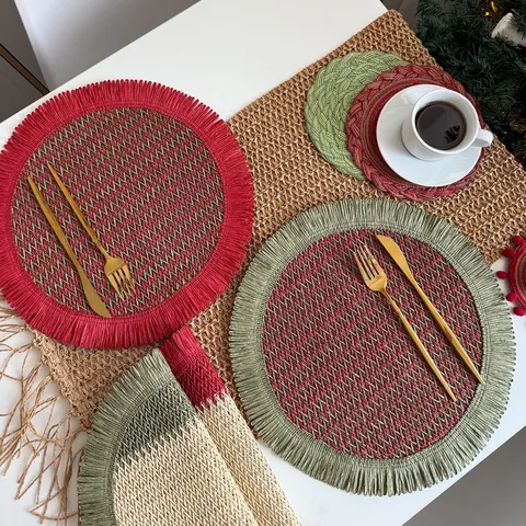 Pastoraal Papier Gevlochten Tischset Met Kwast Splicing Ontwerp Rond Rechthoekig Onderzetter Tafelbescherming Kerst Decoratie